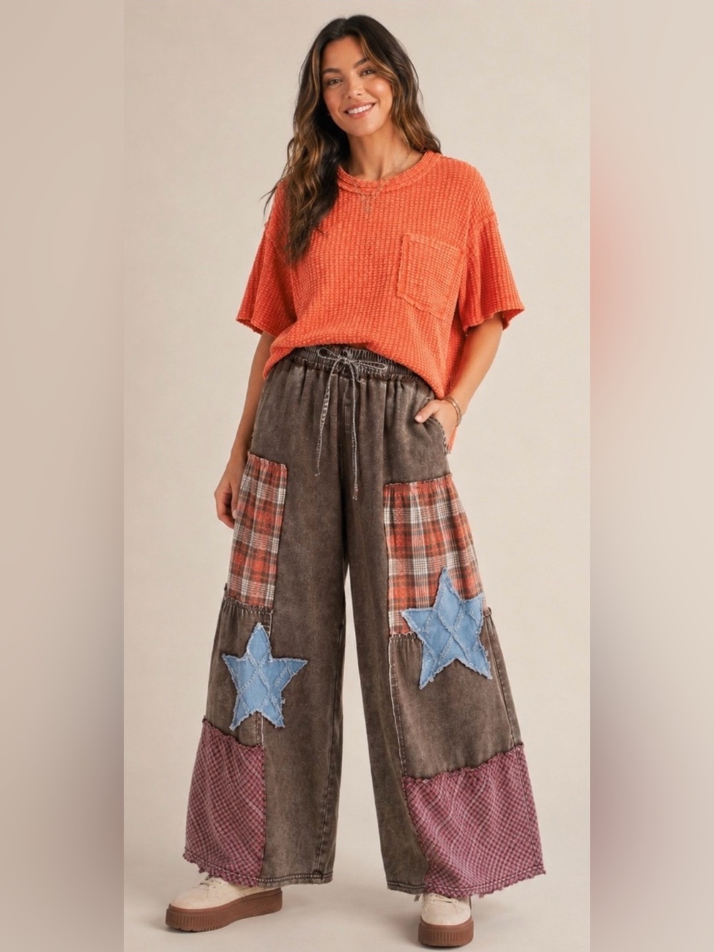 NWT Easel Wide Leg Patchwork Star Pants Brown Size Medium